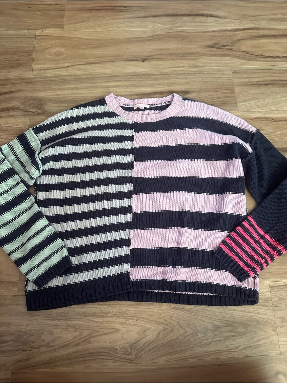 Striped Colorblock Crewneck Sweater - Pink, Mint & Navy